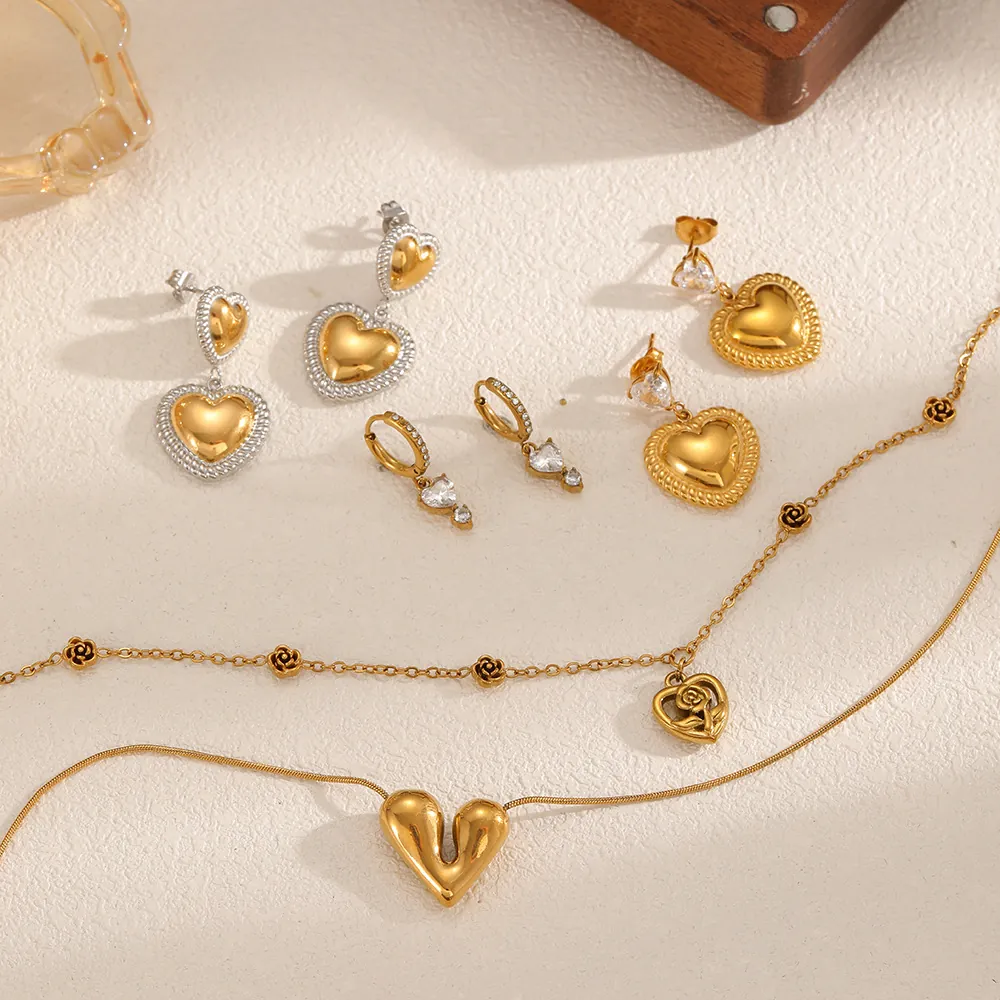 Heart Rose Jewelry Stainless Steel 18K Gold Plated Tarnish Free Zircon Earrings And Necklace For Women INS Style Elegant
