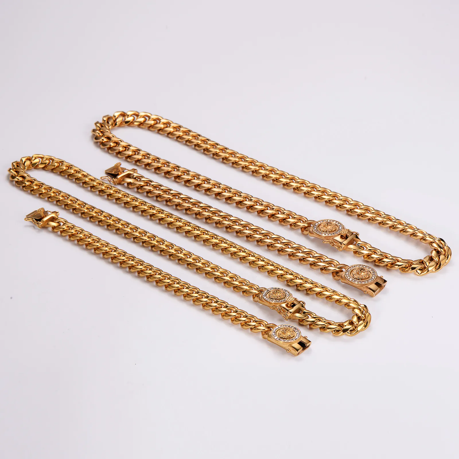 Lion Head Cuban Link Chain Jewelry Necklace And Bracelet 316L Stainless Steel Gold Plated Rhinestone Hip Hop Men