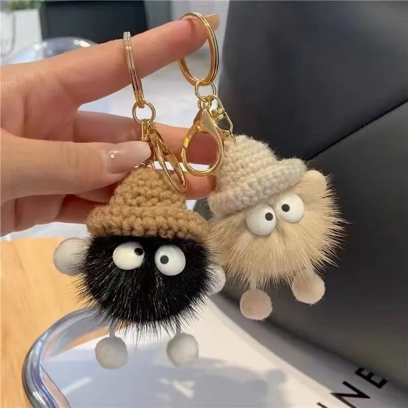 Cute Little Monster Keychain Faux Mink Fur Plush Bag Charm With Knitted Hat Big Eyes Soft Pom Pom Hanging Decoration Gift