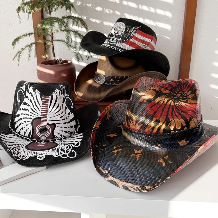 Chapeau De Cowboy Occidental Paille De Papier Tissé Large Bord Protection Solaire Extérieur Style Punk Rock Pour Hommes Femmes
