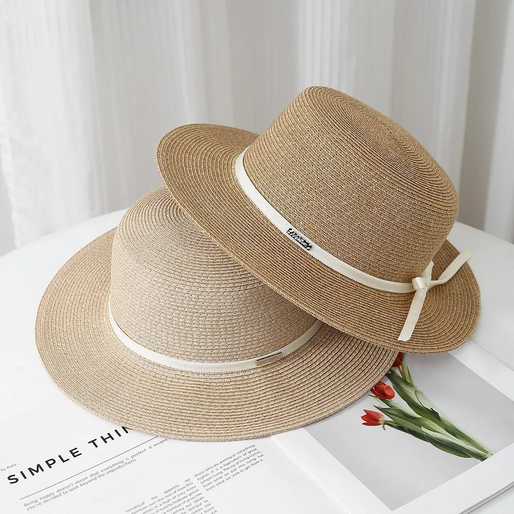 Elegant Women Raffia Straw Boater Hat Ribbon Bow Sun Protection Hepburn Style Summer Beach Vacation Breathable
