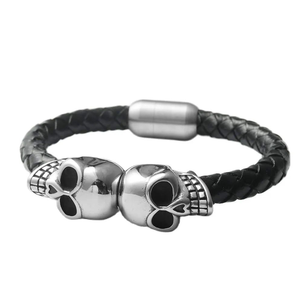 Totenkopf Armband Edelstahl Geflochtenes Lederarmband Für Herren Retro Punk Rock Modeschmuck Schwarz
