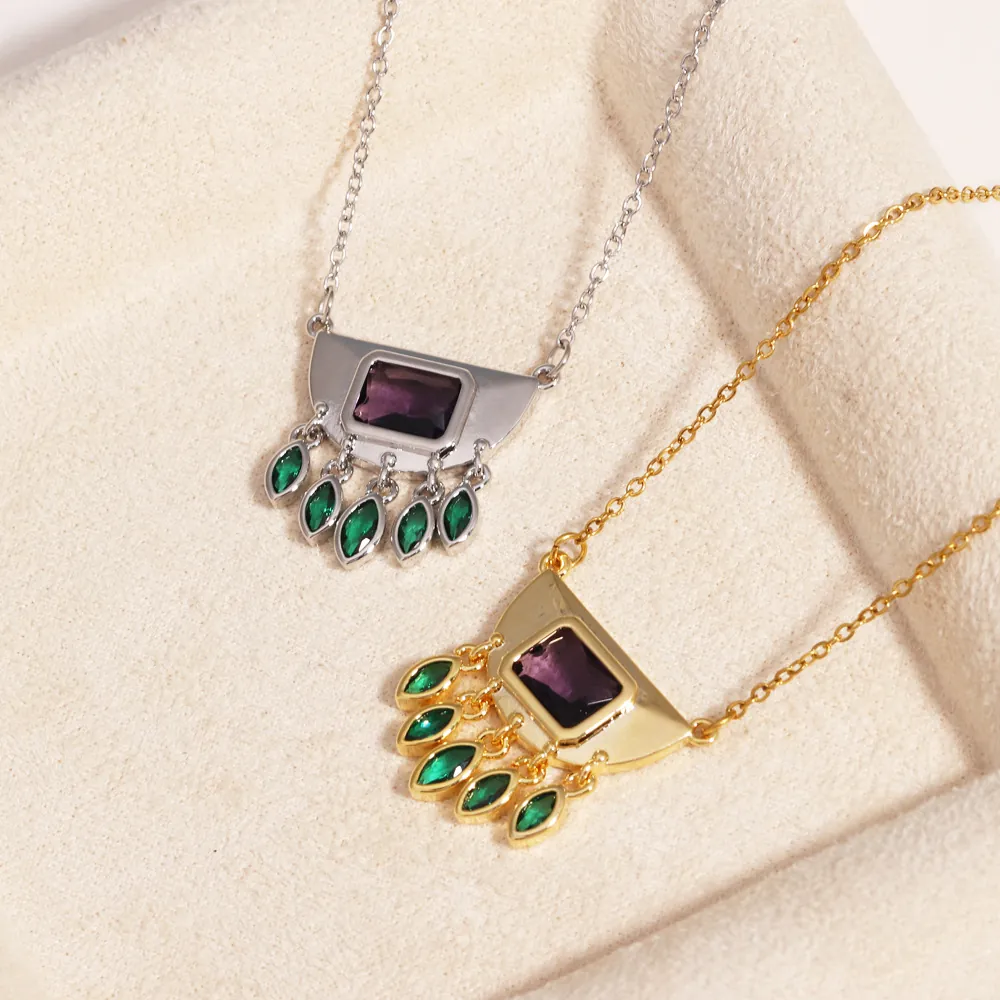 Pendant Necklace Alloy Gold Silver Plated Purple Green Gemstones Retro Hip Hop Bohemian Jewelry For Women Trendy Gift
