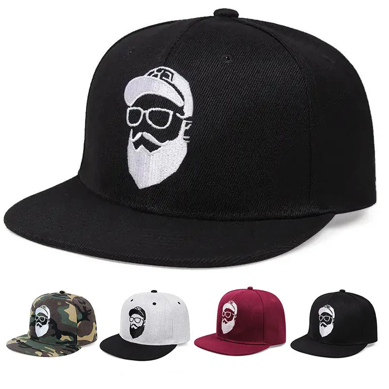 Bearded Man Embroidered Snapback Baseball Cap Acrylic Hip Hop Flat Brim Hat Adjustable Outdoor Sports Streetwear For Men And Women