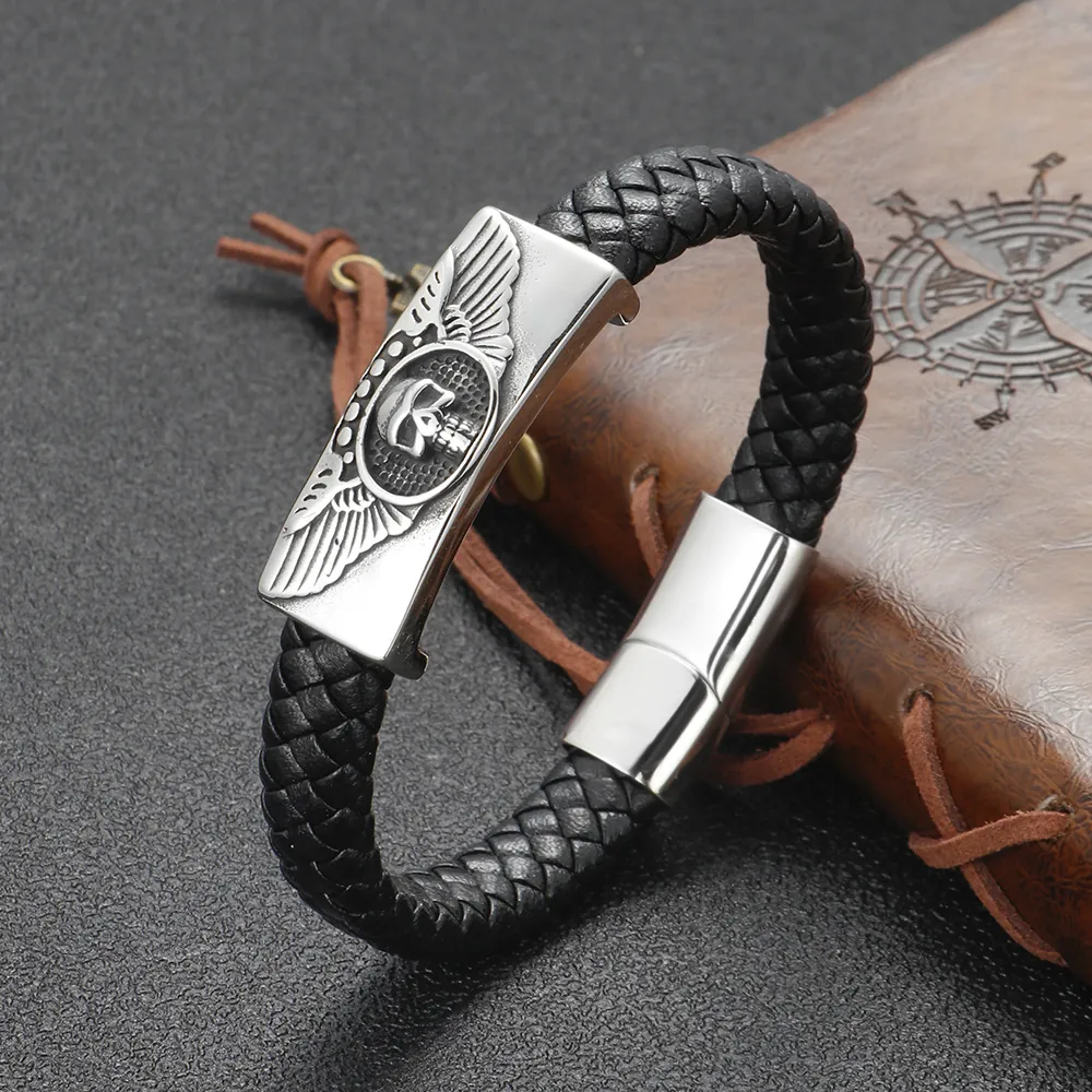 Bracciale Da Uomo In Pelle Intrecciata Con Teschio Alato In Acciaio Inossidabile Chiusura Magnetica Punk Rock Gothic Biker