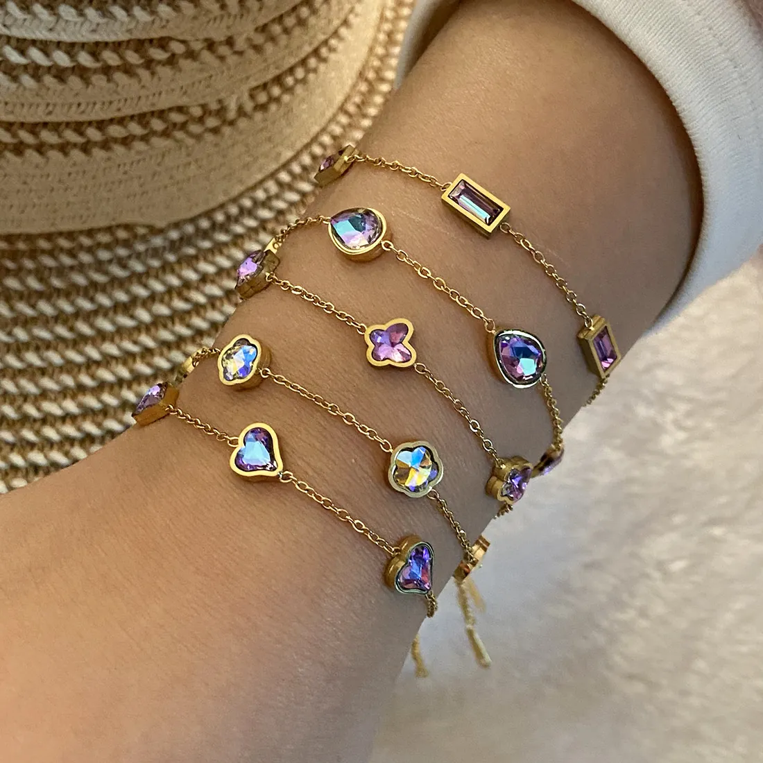Purple Crystal Stainless Steel Bracelet For Women Gold Plated Heart Butterfly Flower Geometric Shapes Adjustable Jewelry
