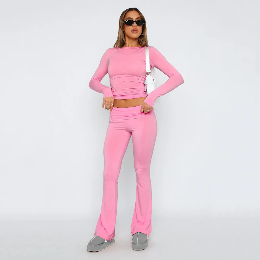 Set di Pantaloni a Zampa a Tinta Unita da Donna Manica Lunga Crop Top And Bottom Slim Fit Casual Coordinato Due Pezzi Streetwear