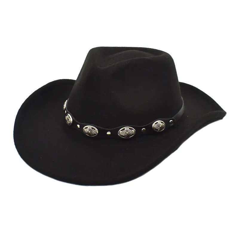 Western Cowboy Hat Wide Brim Felt Vintage Ethnic Concho Band Fedora Jazz Cap For Men Women