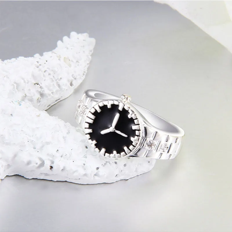 Watch Shape Ring Copper With White Zirconia Adjustable Creative Vintage Style Unisex Dial Finger Jewelry Silver Color