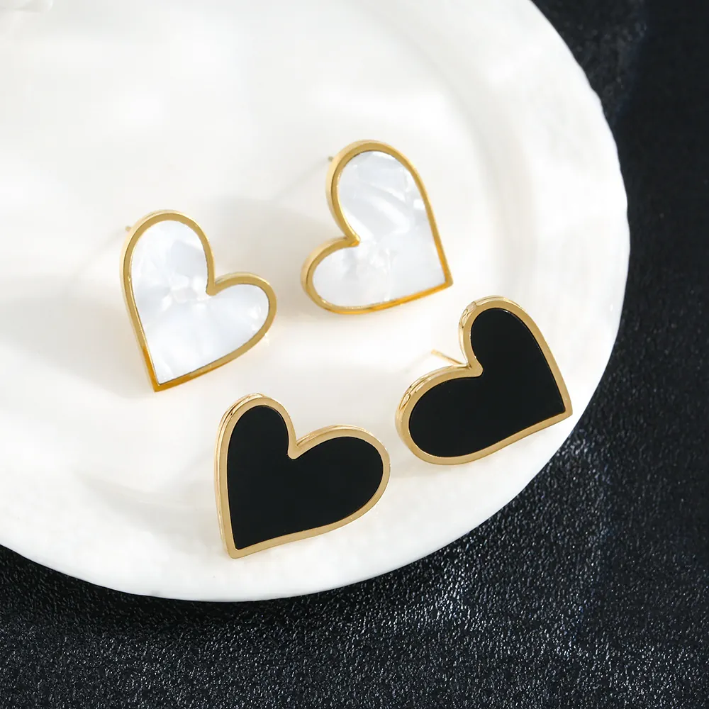 Heart Stud Earrings Gold Plated Stainless Steel Shell Inlay Fashion Jewelry For Women Minimalist Style