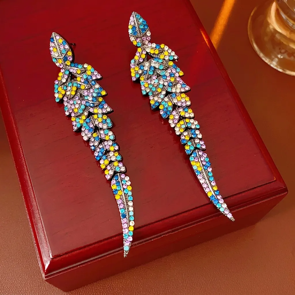 Boucles D'oreilles Pendantes Feuille Vintage Pour Femmes Alliage Luxe Strass Multicolore Avec Tige En Acier