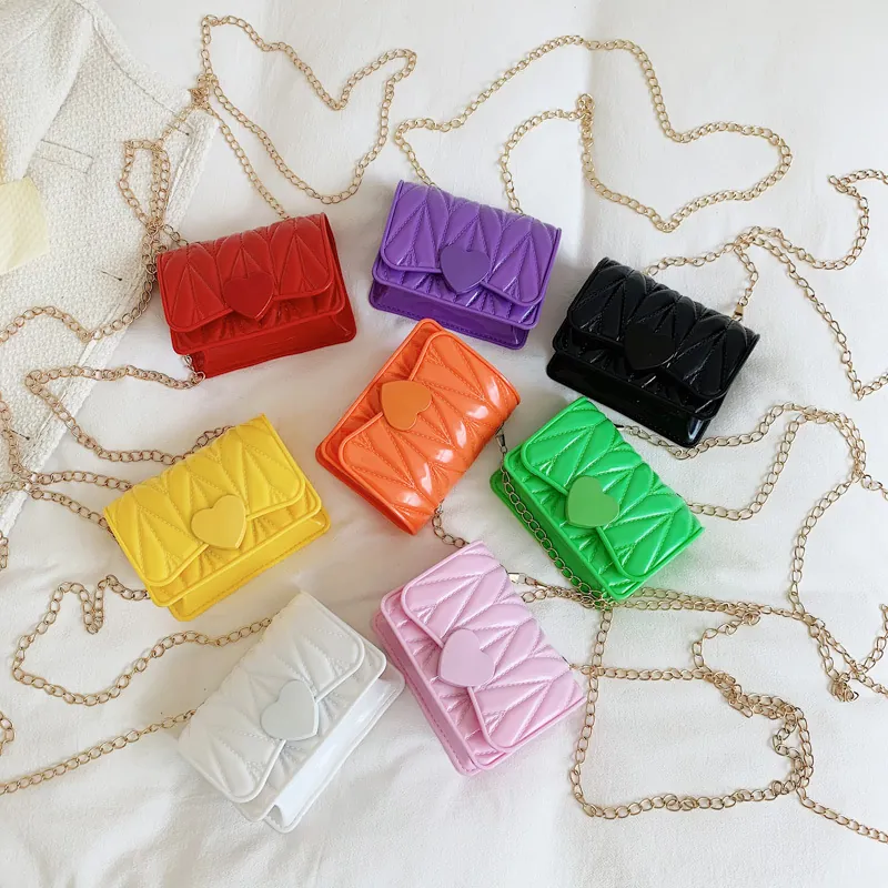 Kids Girls Mini Crossbody Bag PVC Heart Decoration Quilted Texture Metal Chain Strap Fashionable Small Shoulder Purse