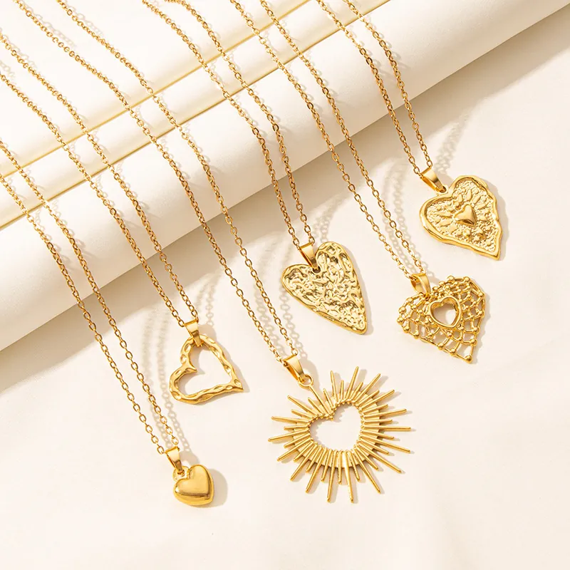 Heart Pendant Necklace Stainless Steel 18K Gold Plated Hollow Lattice Textured Sunburst Rainbow Jewelry For Women