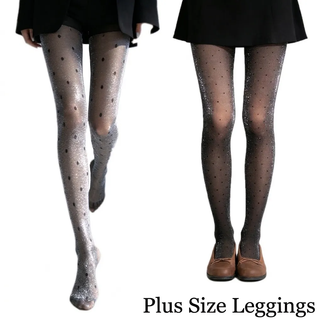 Women Plus Size Polka Dot Tights Sexy Sheer Glitter Silver Wire Extra Long Pantyhose High Waist Clubwear Fashion Hosiery