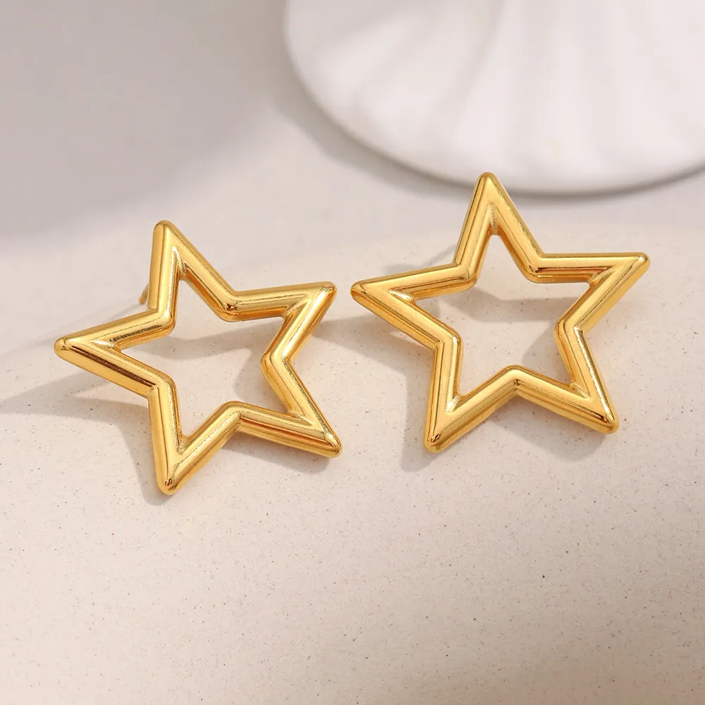 Hollow Pentagram Stud Earrings 18K Gold Plated Stainless Steel Star Shaped Minimalist Jewelry For Women Elegant Gift