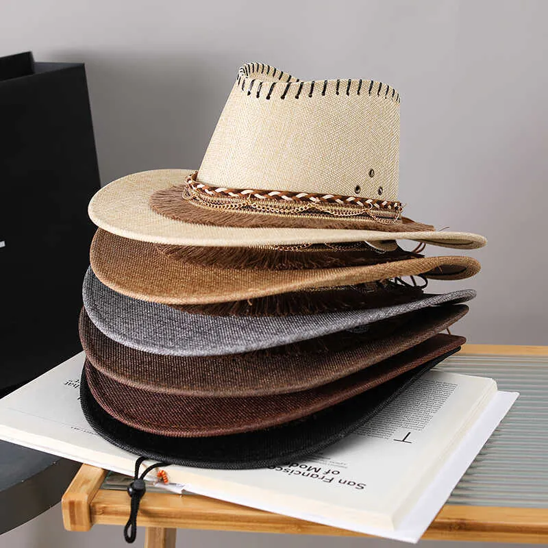 Western Cowboy Hat Woven Wide Brim Sun Protection Tassel Metal Chain Decoration Windproof Adjustable Strap Beach Vacation Unisex