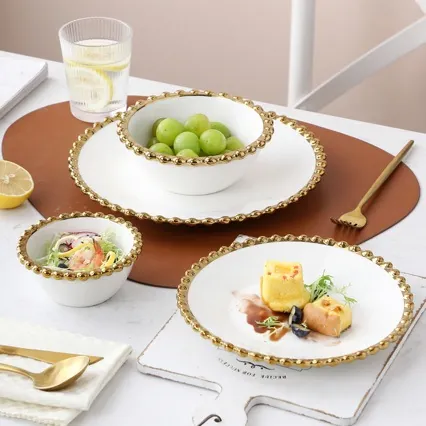 Elegant Ceramic Tableware Gold Beaded Edge White Porcelain Dining Bowl Plate For Salad Steak Dessert Minimalist Luxury
