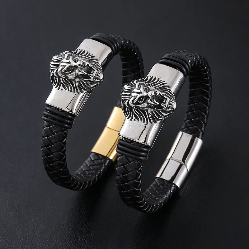 Lion Head Braided Leather Bracelet For Men With Stainless Steel Magnetic Clasp Punk Hip Hop Retro Style Jewelry