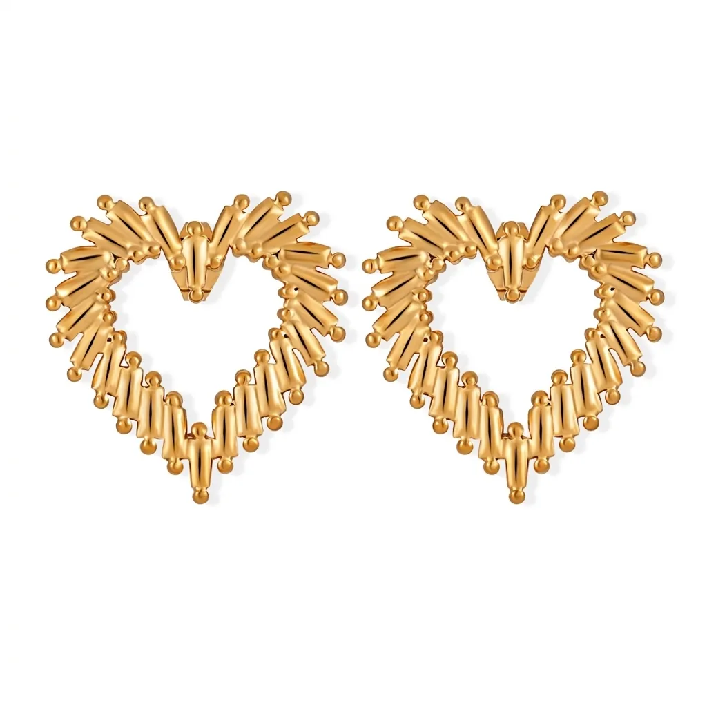 Hollow Heart Stud Earrings Titanium Steel Gold Plated Minimalist Ribbed Texture Architectural Style For Women