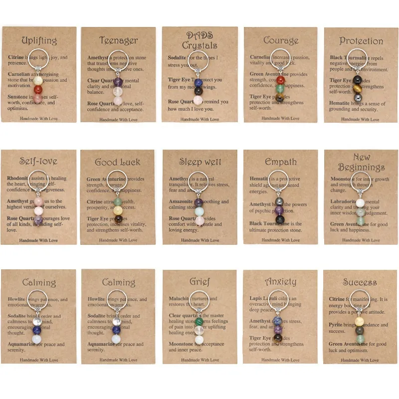 Handmade Natural Stone Crystal Bead Keychain With Meaning Card Stainless Steel Gemstone Healing Energy Jewelry Gift For Men Women