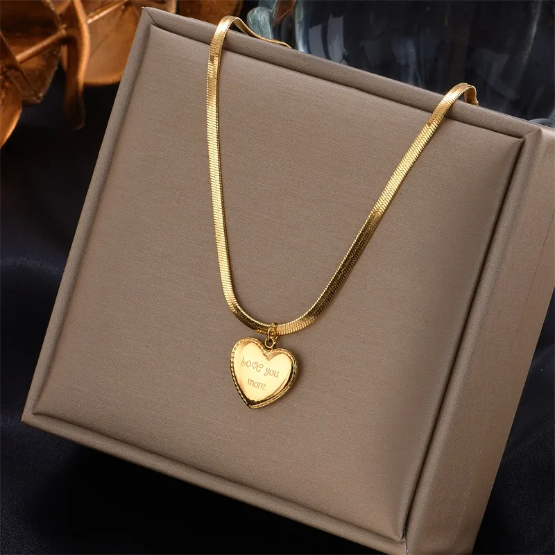 Titanium Steel Gold Plated Heart Pendant Necklace Engraved Love You More Flat Snake Chain Minimalist Women Jewelry Gift