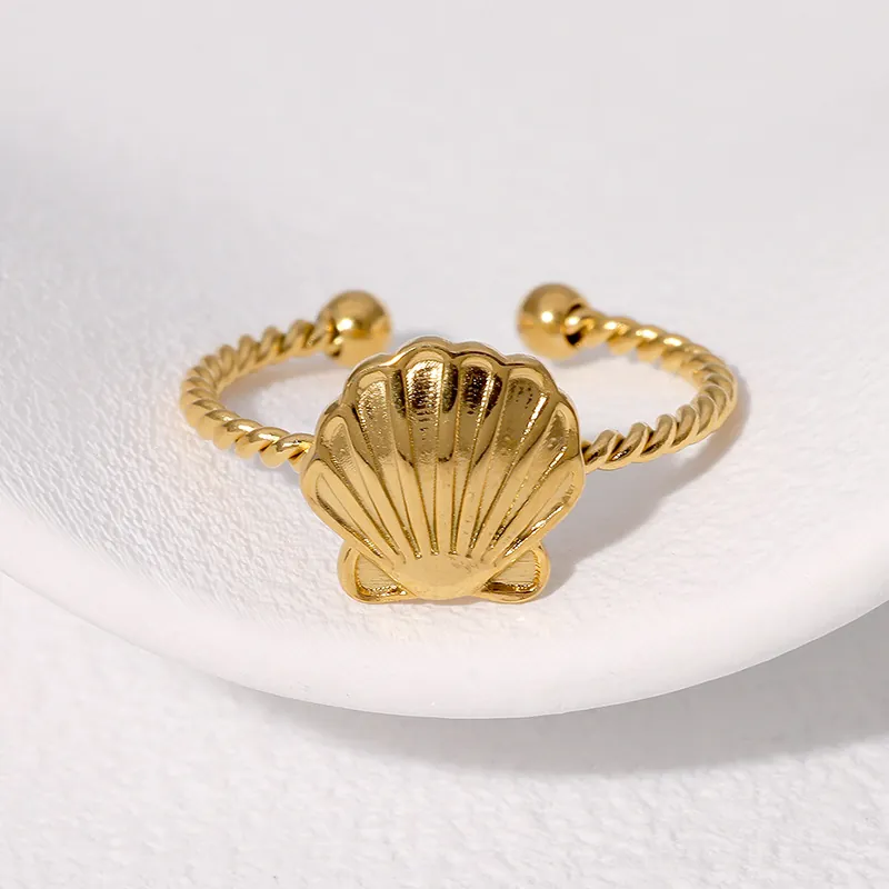 Shell Open Ring Stainless Steel 18K Gold Plated Twisted Rope Band Adjustable Summer Beach Jewelry Women Fashion