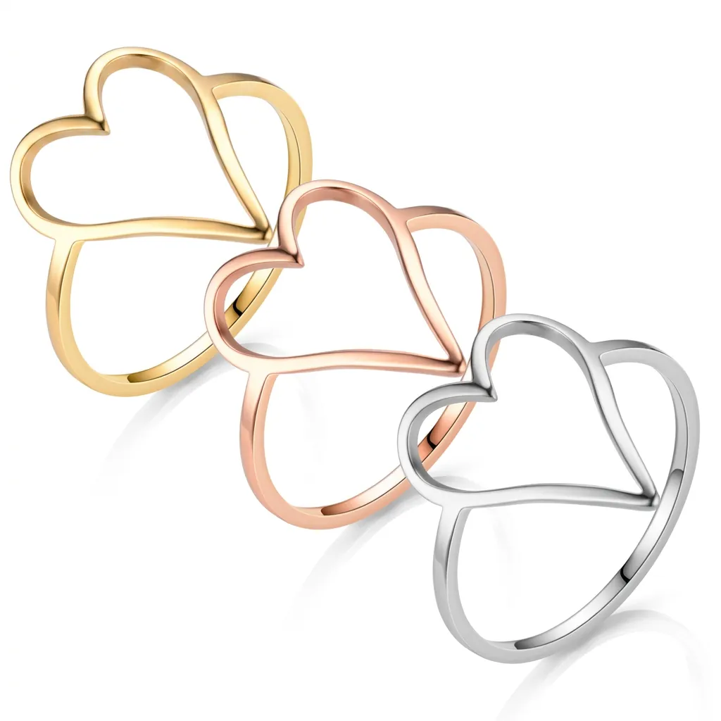 Minimalist Titanium Steel Hollow Heart Ring For Women Elegant Electroplated Mirror Polished Heart Shaped Finger Ring Jewelry