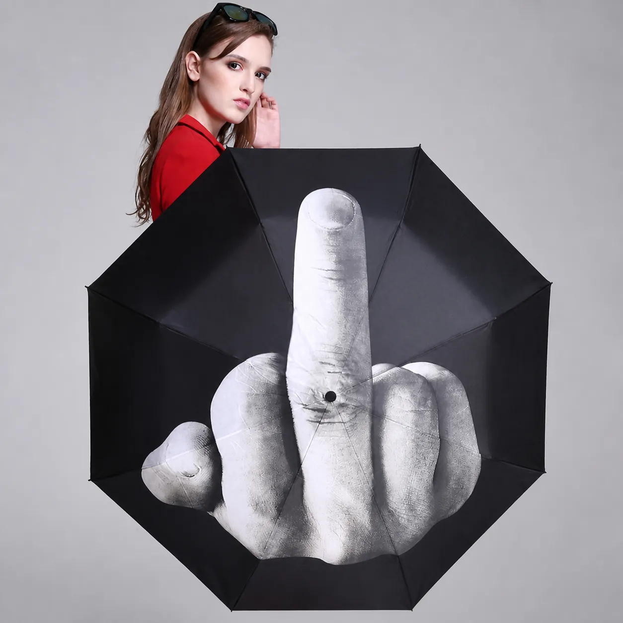 Faltbarer Regenschirm Anti-UV Schwarz Beschichtung Winddicht Novelty Mittelfinger Husky Druck Sonne Regen Tragbar