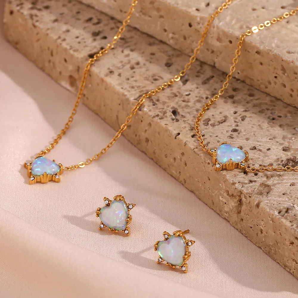 Vintage Stainless Steel Heart Artificial Opal Rhinestone Pendant Necklace Earrings Bracelet Fashion Jewelry For Women