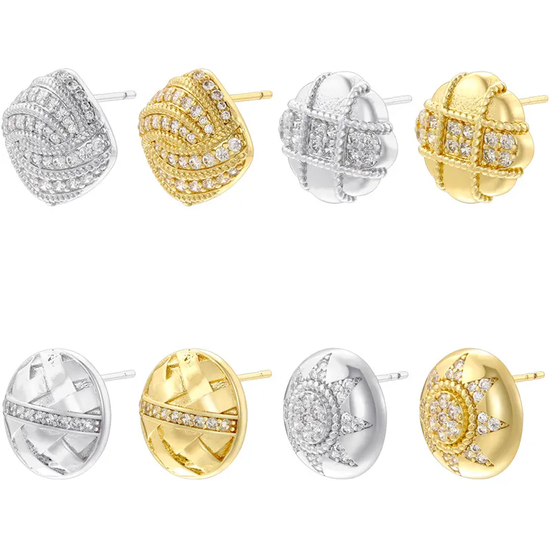 Vintage Copper Zirconia Stud Earrings Light Luxury Geometric Square Sunburst Lattice Round Earrings Women Fashion Jewelry