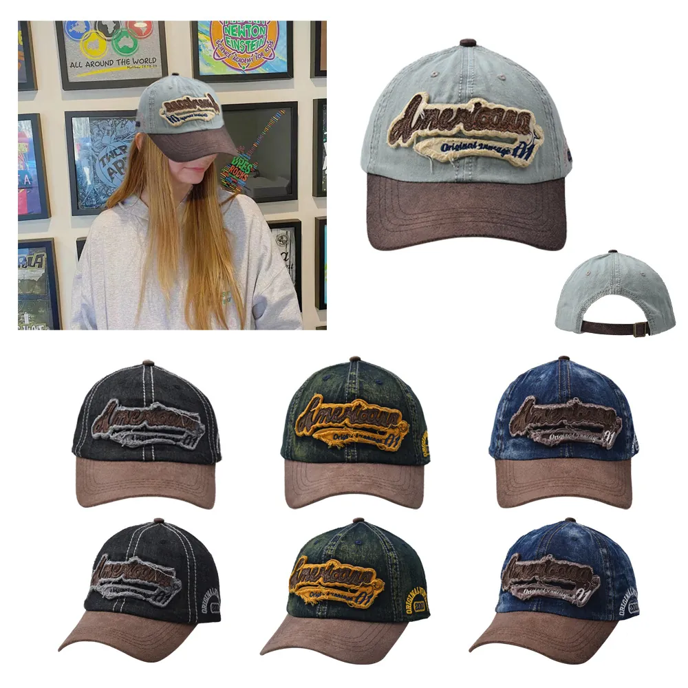 Casquette de Baseball en Coton Lavé Vintage pour Hommes Femmes Style Américain Avec Patch Brodé Bord Incurvé Chapeau de Soleil Réglable