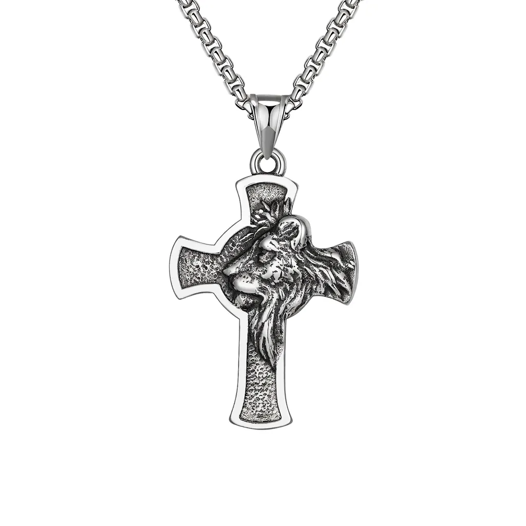 Lion Head Cross Pendant Necklace Stainless Steel Vintage Gothic Punk Hip Hop Jewelry Box Chain