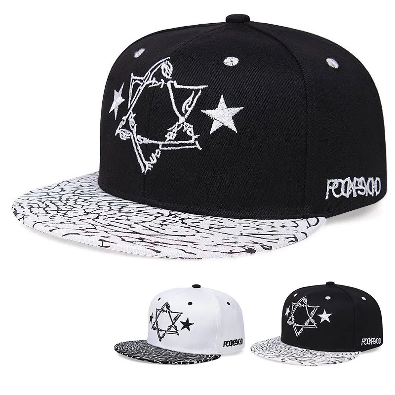 Cappello Snapback Visiera Piatta Acrilico Ricamo A Stella Motivo Crepato Streetwear Hip Hop Regolabile
