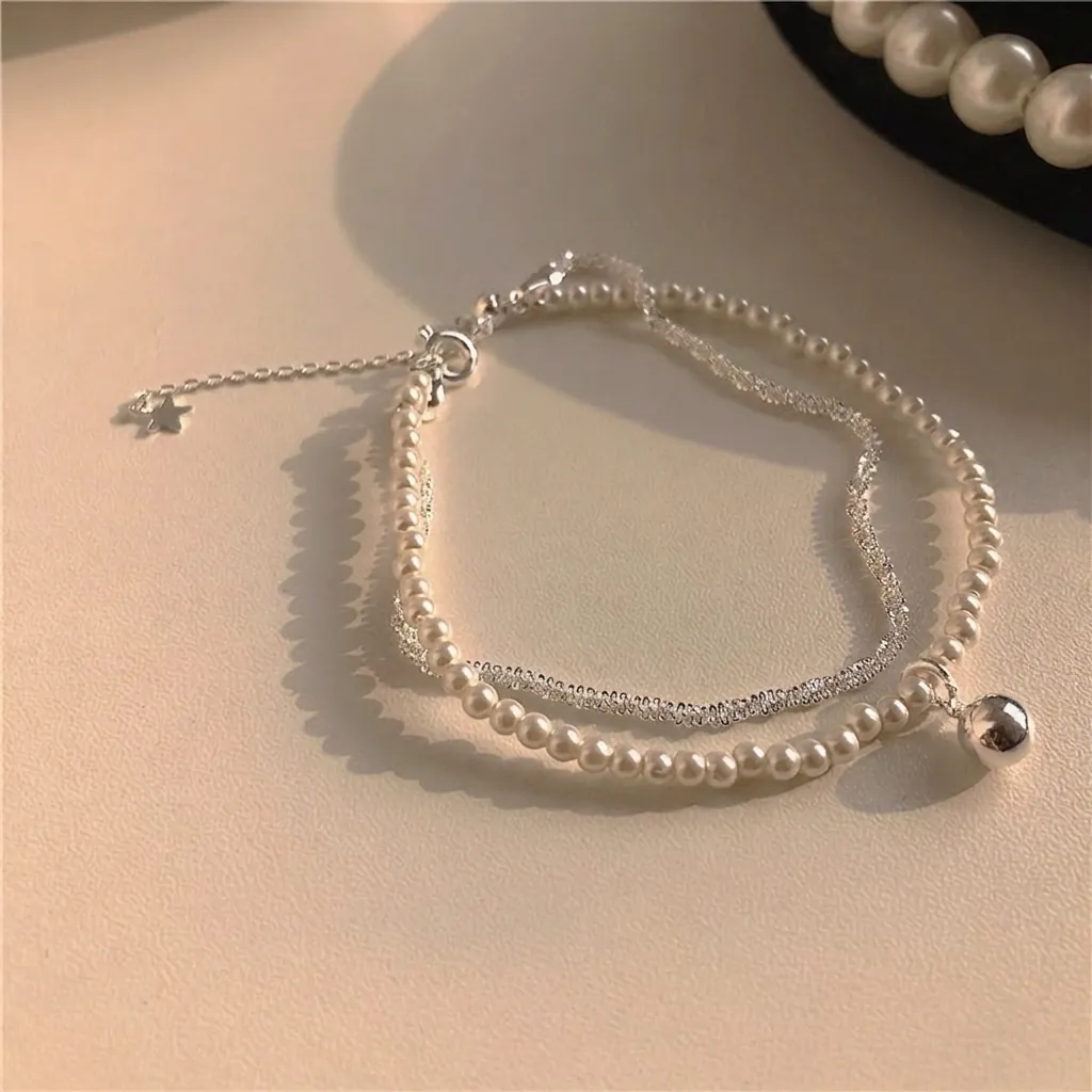 Double Layer Artificial Pearl Bracelet Alloy Silver Color Ball Star Pendant Elegant French Light Luxury Jewelry For Women