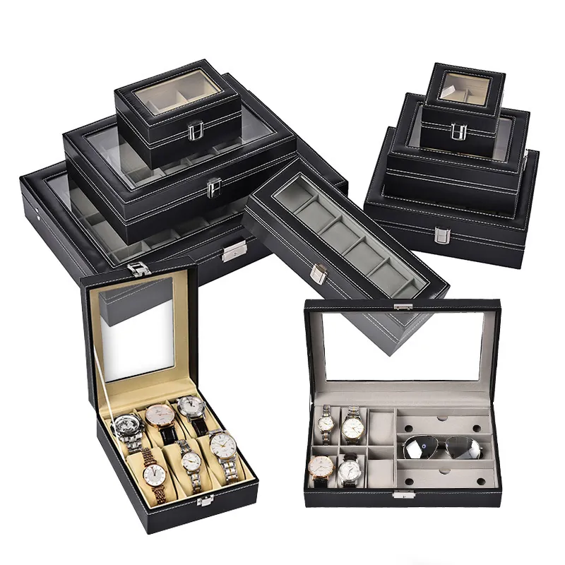 PU Leather Watch Box Organizer With Glass Window Velvet Lining And Metal Lock Jewelry Display Storage Case