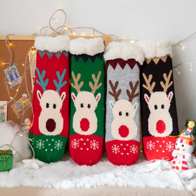 Christmas Floor Socks Sherpa Fleece Lined Thick Thermal Winter Non-Slip Reindeer Snowflake Knitted For Women