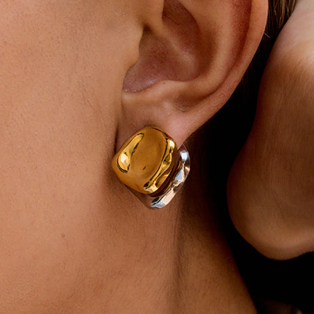 Irregular Geometric Square Stud Earrings Stainless Steel With Titanium Steel Earring Post Two-Tone Hammered Texture Women