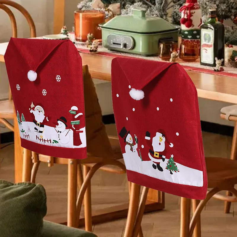 Red Non-Woven Christmas Chair Cover Santa Claus Snowman Pattern Dining Chair Back Cover For Home Holiday Party Decor