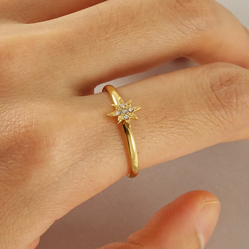 Bague Étoile Octagramme Plaqué Or 18K Acier Inoxydable Réglable Bande Ouverte Avec Zircon Pour Femmes Bijoux De Mode