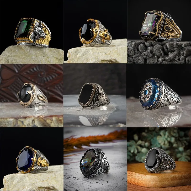 Men Adjustable Ring Vintage Copper Inlaid Gemstone Ethnic Punk Embossed Pattern Fashion Jewelry Accessory Gift