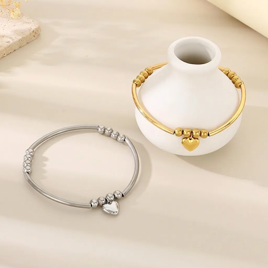 Bracciale Rigido In Acciaio Inossidabile Con Ciondolo A Cuore E Perline Rotonde Gioielli Stile Ins Per Donna