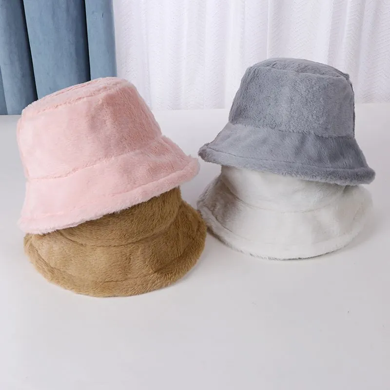 Women Faux Fur Bucket Hat Winter Warm Plush Thickened Basin Cap Solid Color Fashionable Outdoor Cold Weather Headwear
