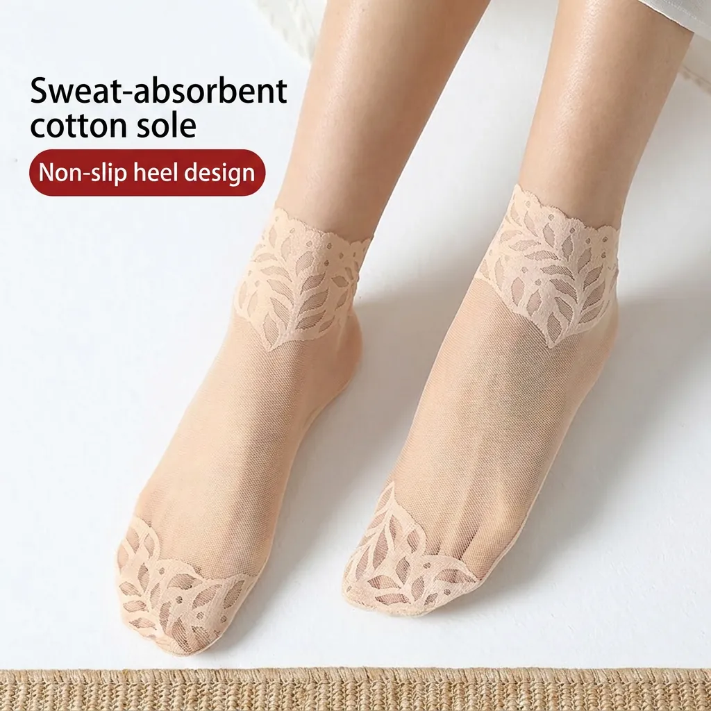 Women Cotton Sole Lace Invisible Boat Socks Breathable Mesh No Show Socks With Leaf Pattern For Summer Spring Casual