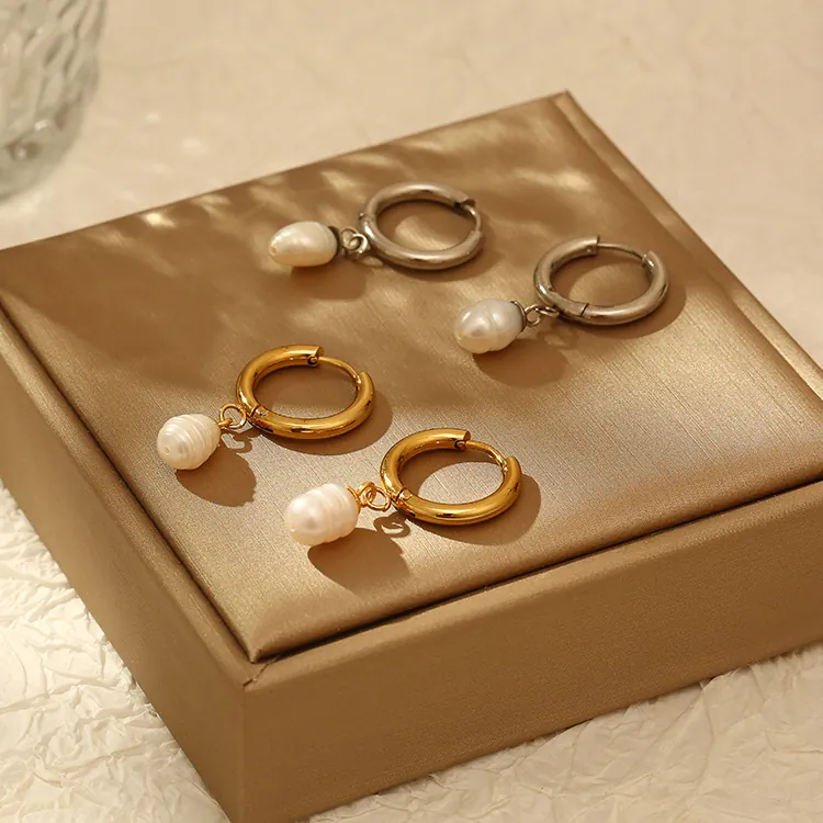 Freshwater Pearl Pendant Hoop Earrings Stainless Steel 18K Gold Plated Baroque Retro Vintage Jewelry For Women
