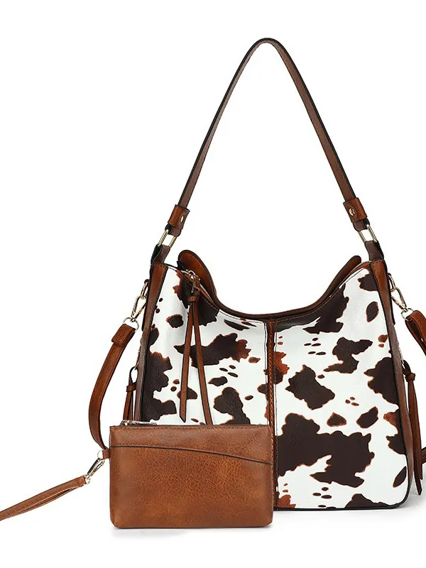 Women Vintage PU Leather Tote Bag Cow Leopard Print Large Capacity Shoulder Crossbody Handbag And Pouch Casual