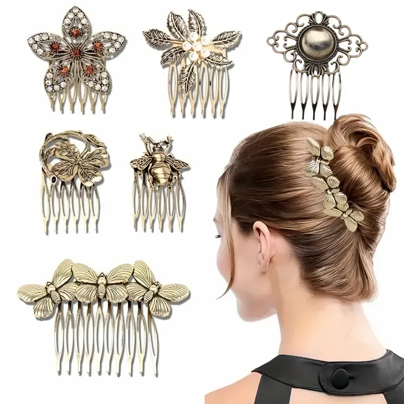 Vintage Hair Comb Alloy Retro Leaf Butterfly Bee Flower Faux Artificial Pearl Rhinestone Headpiece Wedding Party Accessories Women