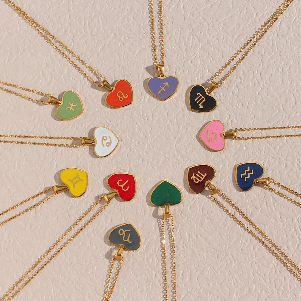 Stainless Steel Gold Plated Heart Zodiac Sign Pendant Necklace For Women Colorful Enamel Constellations Y2K Fashion Jewelry