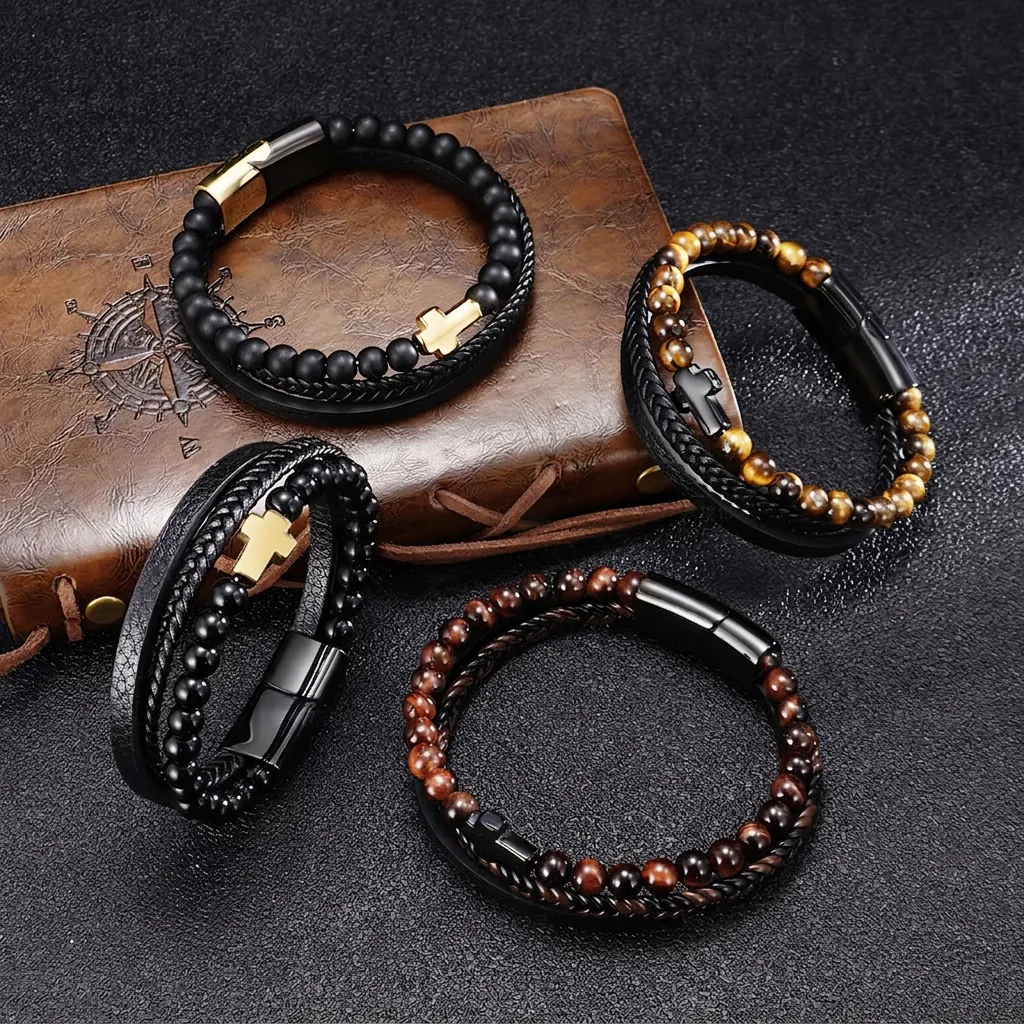 Men Multi-layer Leather Bracelet Natural Tiger Eye Beaded Stainless Steel Cross Charm Magnetic Clasp Punk Jewelry