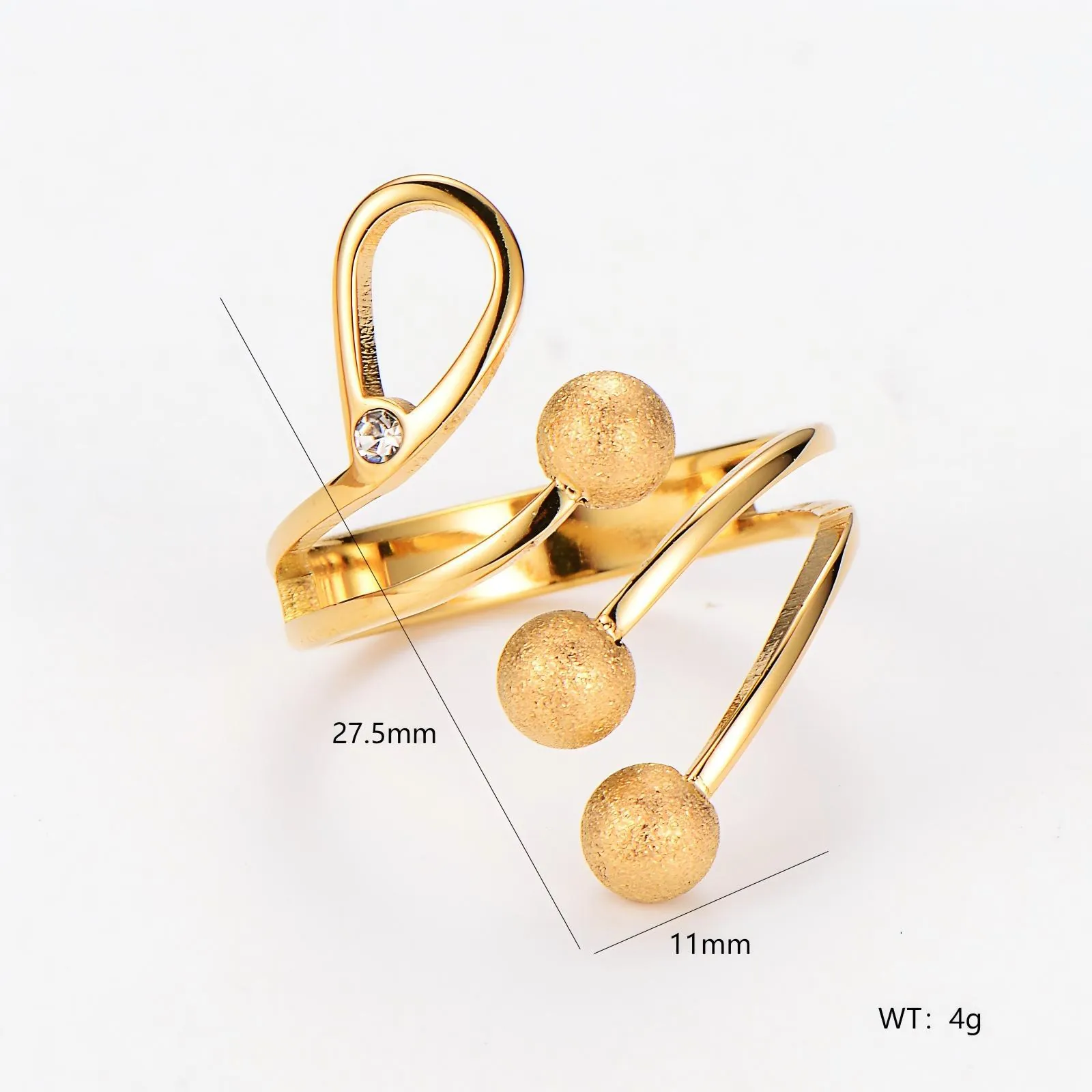 304 Stainless Steel Ring Spiral Design With Zircon And Frosted Beads Open Adjustable Minimalist Ins Style For Women