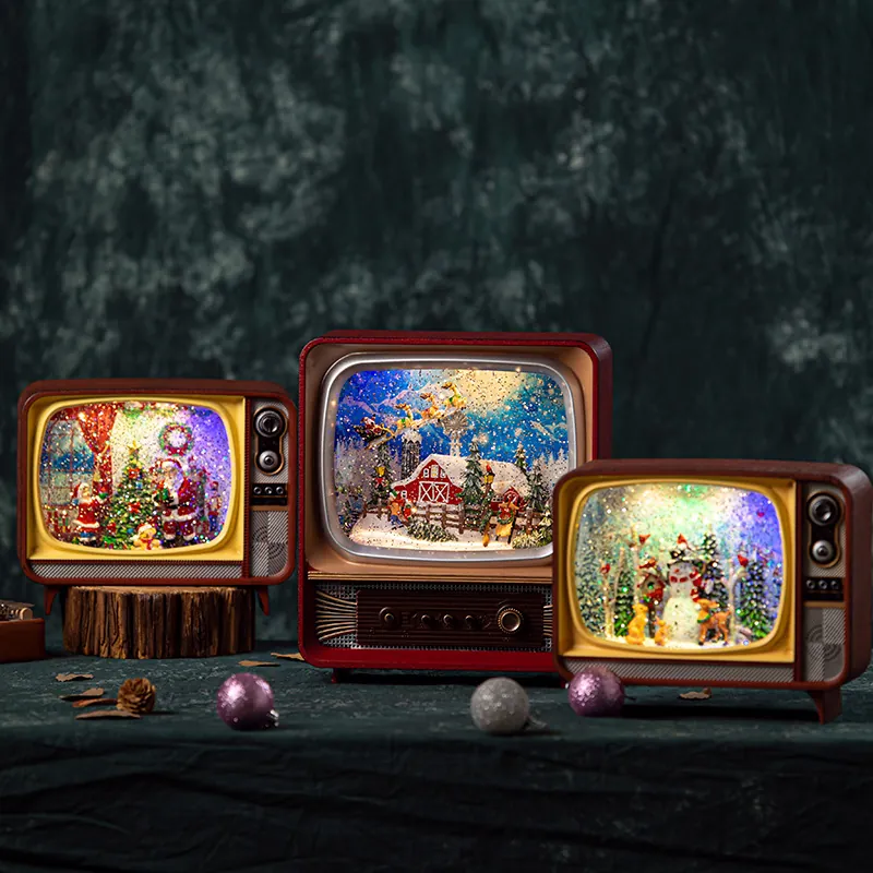 Retro TV Christmas Musical Box Snow Globe With LED Light And Music Vintage Festive Tabletop Decoration For Home Office